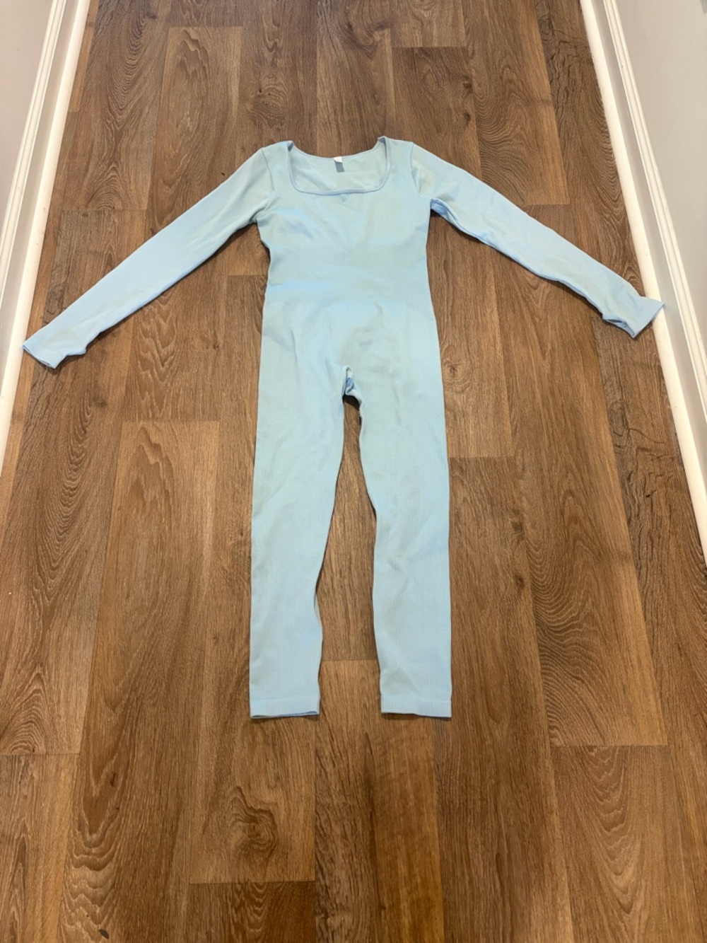 Women’s Light Blue Long-Sleeve Ribbed Jumpsuit